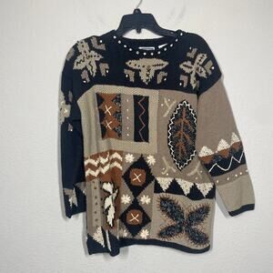 Sigrid Olsen Small Hand Knitted Sweater Boho Black Brown Ramie Cotton Crew Neck